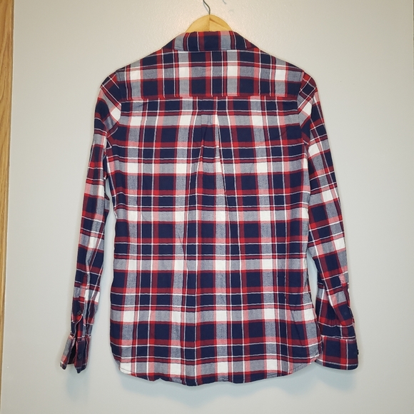 Like New Banana Republic Navy Blue Red Ruffle Plaid Small Button Down Shirt - Picture 4 of 5